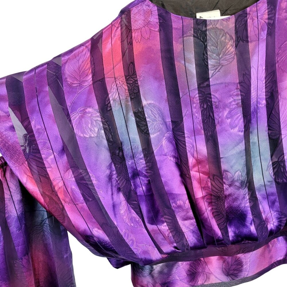 Vintage 80s Set Women 12 Colorful Floral Stripe Midi Skirt Blouse Top Shirt Pink - Picture 13 of 16